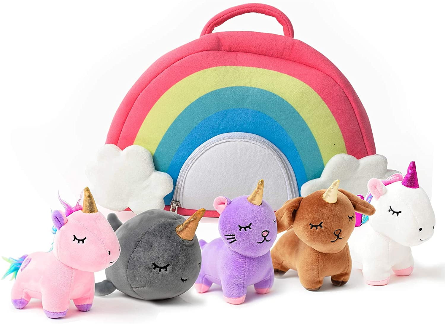 Pixie Crush 5-Piece Pink Unicorn Plush Set with Rainbow Case