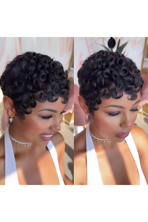 Pixie Cut Curly Wigs for Black Women Short Layered Pixie Cut Human Hair Wigs With Bangs Chic Elegant Natural Black Color No Glue Wig
