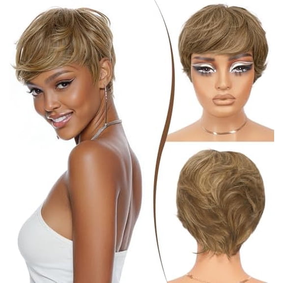 Pixie Cut Human Hair Wig - Short Wigs for Black Women with Bangs, Layered Wavy Wig, Glueless, 4/27#