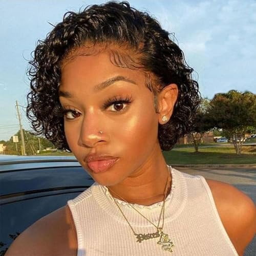 Pixie Cut Short Bob Frontal Wigs Human Hair Pre Plucked Deep Wave 13x4  Lace Front Curly Wigs for Black Wome  Black Wig 6 Inch