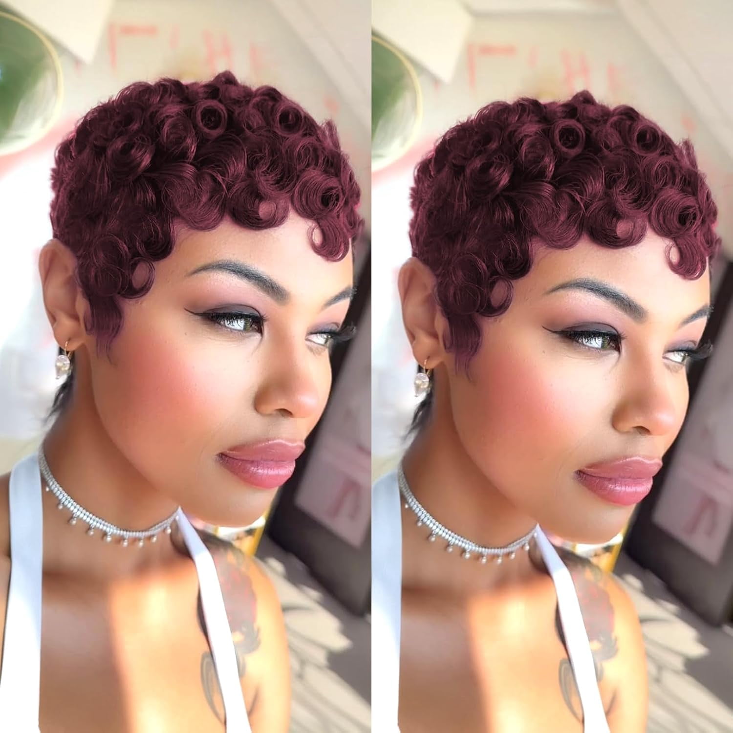 Short Layered Pixie Cut Wig for Black Women Curly Human Hair Glueless with Bangs Pixie Cut Curly Human Hair Wigs for Black Women Short  main image 4