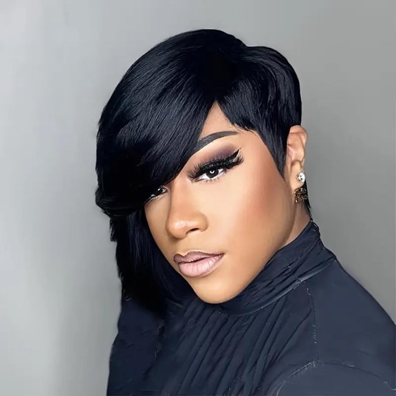 Pixie Cut Wig Hair for Black Women Short Wigs with Side Bangs for Women Hair Quick Get Up and Go Wigs for Daily Use None Lace Front Glueless Wig Black Side Bang Wig