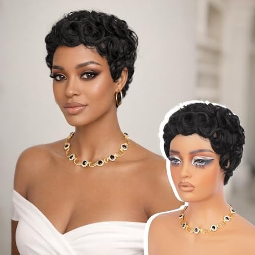 Pixie Cut Wig Human Hair Curly Short Pixie Wigs for Black Women Glueless Human Hair Wig with Bangs for Daily Use  Short Bob Layered Wavy Human Hair Wigs for Black Women ( Black)
