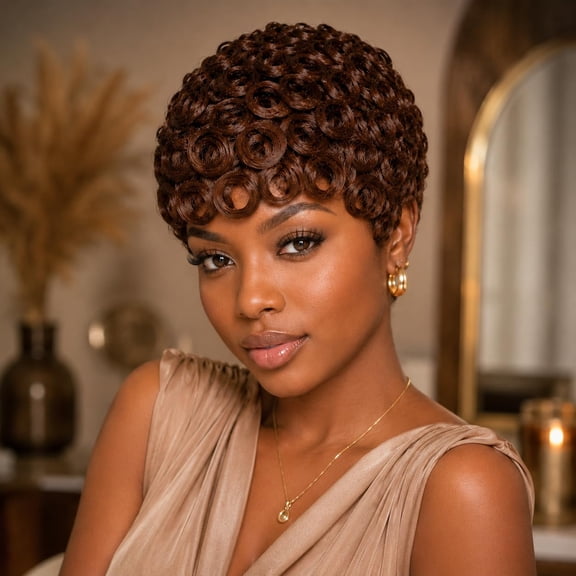Pixie Cut Wig Human Hair For Black Women Real Glueless Human Hair Wig 4#Brown Curly Human Hair Pixie Cut Wig