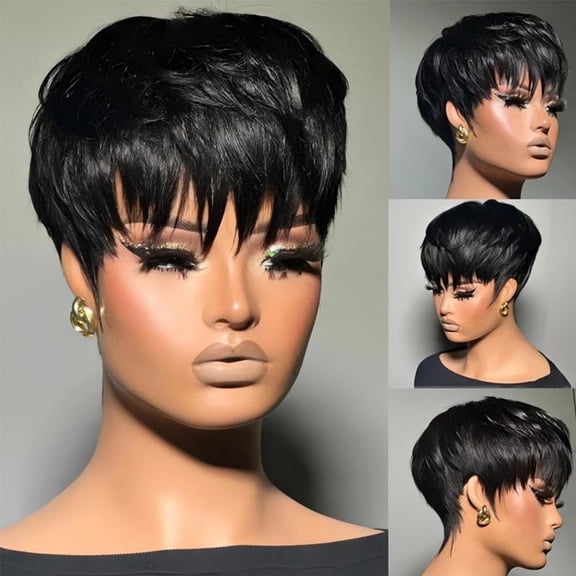 Pixie Cut Wig Human Hair Wear and Go Glueless Wigs Human Hair with Bangs Pixie Cut Wig for Women short wigs for women with BangsFull Machine Made 1B Color None Lace Front Wigs