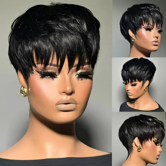 Pixie Cut Wig Human Hair Wear and Go Glueless Wigs Human Hair with Bangs Pixie Cut Wig for Women short wigs for women with BangsFull Machine Made 1B Color None Lace Front Wigs