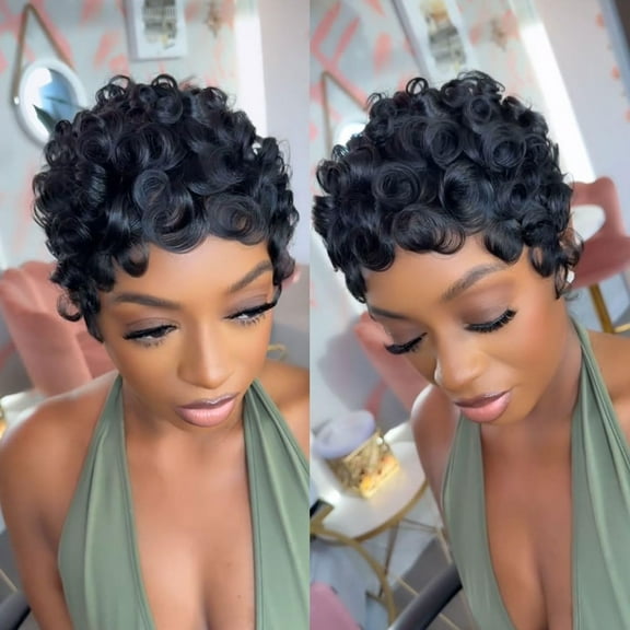 Pixie Cut Wigs for Black Women Brazilian Curly Pixie Cut Wig Human Hair Glueless Short Layered Wigs With Bangs Natural Black Color No Glue Human Hair Wig for Daily Use