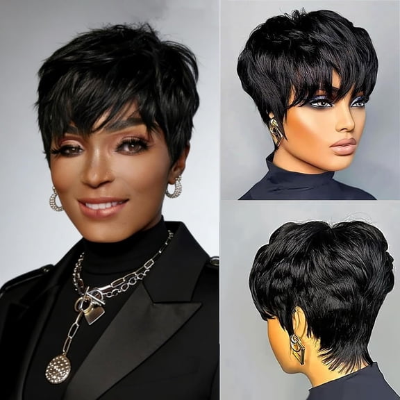 Pixie Cut Wigs for Black Women Natual Black Curly with Bangs Short Wigs Glueless Human Hair Wigs Curly Layered Pixie Wig for Women 1B Color(Pixie cut wig)