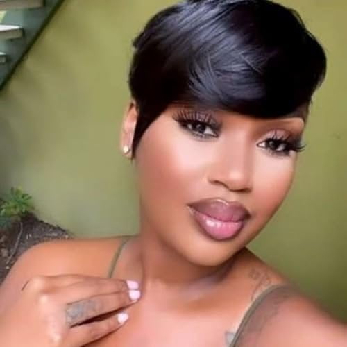 Pixie Cut Wigs Human Hair with Side Bangs Short Wigs for Black Women Straight Short Black Pixie Wigs Human Hair Glueless Layered Cut Brazilian Hair Side Part Bob Wig