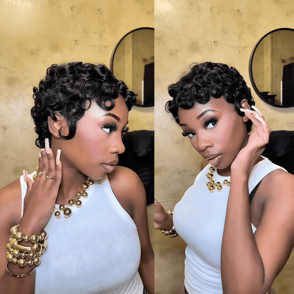 Pixie Cut Wigs for Women Brazilian Virgin Curly Wave Human Hair Glueless Short Layered Pixie Cut Curly Wigs With Bangs Natural Black Color for Daily Use
