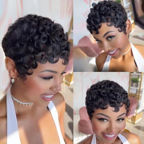 Pixie Cut Wigs for Black Women Brazilian Curly Pixie Cut Wig Human Hair Glueless Full Machine Made Wig with Bangs Black Color for Daily Use