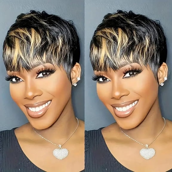Pixie Cut Wigs for Women Human Hair Wig #1B/27 Two-Tone Pixie Cut Women-Specific Short Straight Hair with Bangs Full Machine Made Glueless Wig