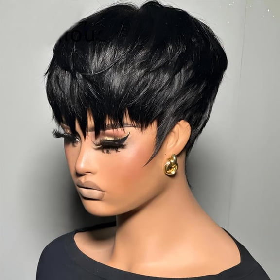 Pixie Cut wigs for Black Women Human Hair Wig Bob Wig Human Hair Glueless Short Wig Layered None Lace Front Wig with Bangs Natural Straight Full Machine Made Wig 1B Color