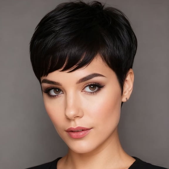 XIEANDKONG Short Pixie Cut Human Hair Wig with Bangs, Glueless Machine Made, Natural Black for Women