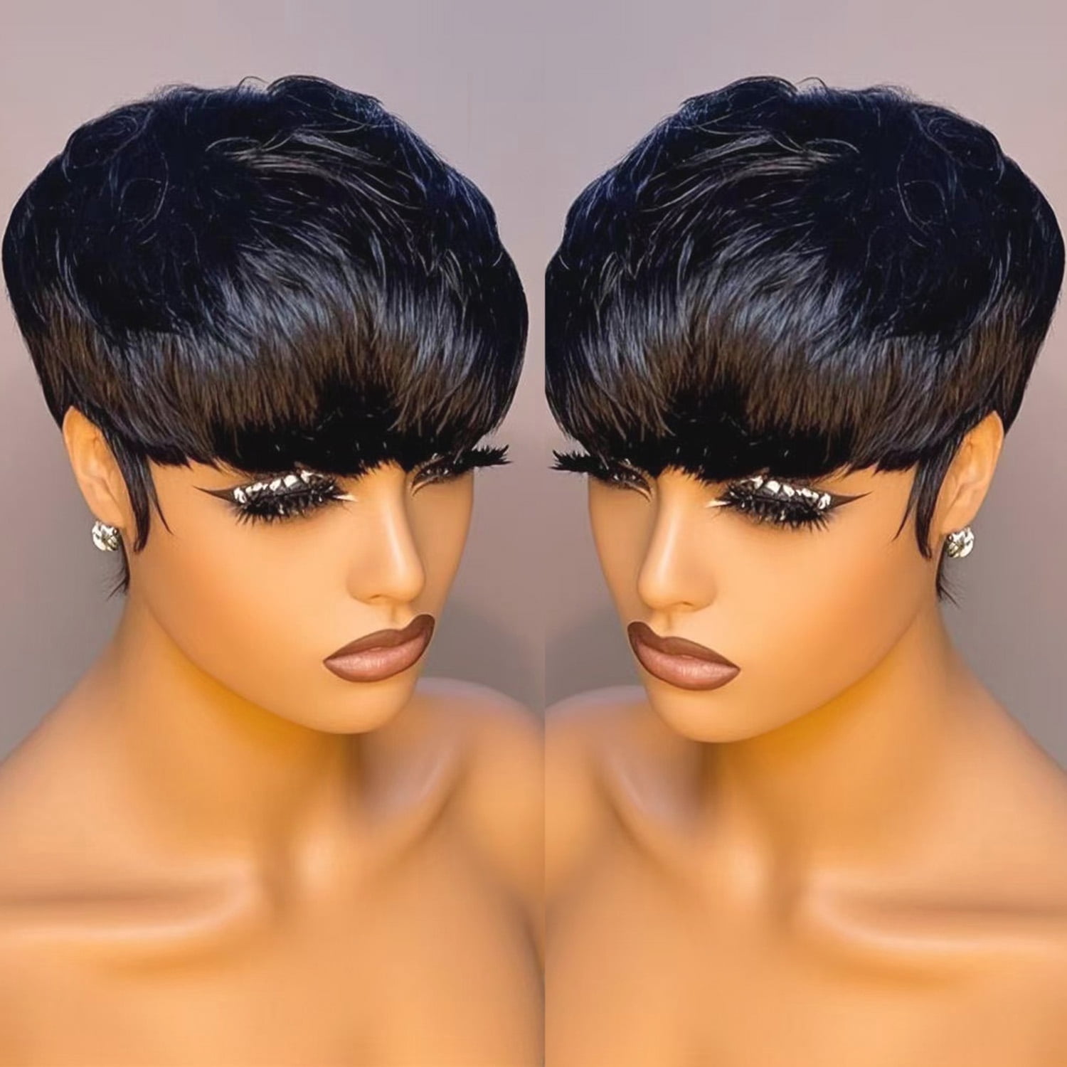 EAEABJ Short Pixie Cut Human Hair Wig with Bangs, Natural Black Straight Layered Glueless