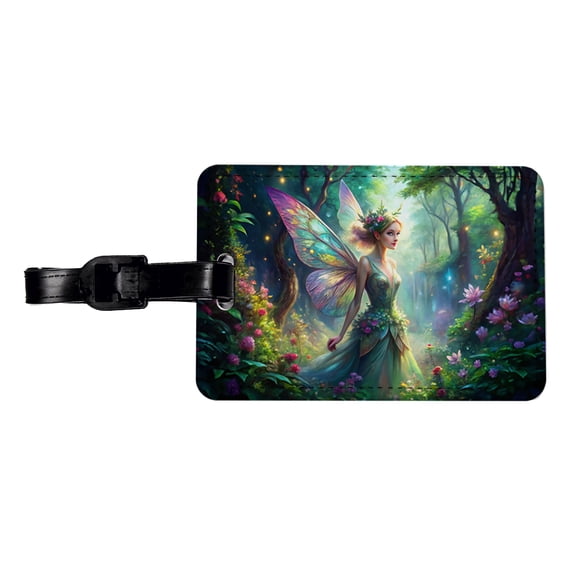 Pixie Fairy Forest Fantasy Watercolor Design Faux Leather Travel Luggage Tag