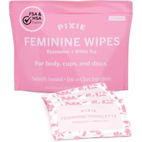 Pixie Feminine Wipes Naturally Scented Rosewater + White Tea Flushable, Biodegradable & pH Balanced Individually Wrapped Wipes for On The Go Cleaner for Menstrual Cups & Discs (20 Count)