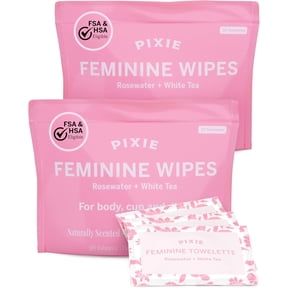 Pixie Feminine Wipes Naturally Scented Rosewater + White Tea Flushable, Biodegradable & pH Balanced Individually Wrapped Wipes for On-The-Go Cleaner for Menstrual Cups & Discs (2 Packs of 20)