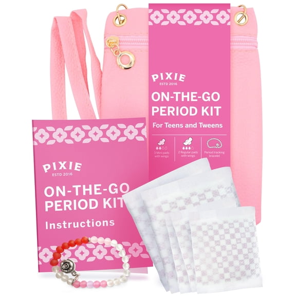 Pixie First Period Kit for Girls 9-12 - Best Organic Cotton Teen Pads with Wings - Period Tracking Bracelet & Discreet Crossbody Bag - On-The-Go Tween Starter Kit & Feminine Care Hygiene Essentials