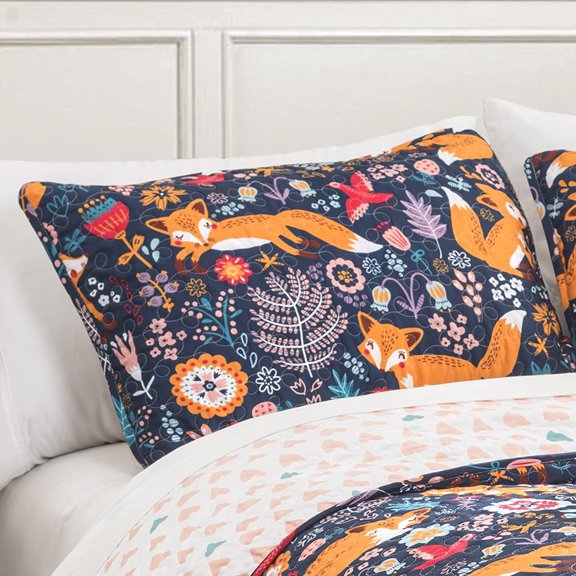 Pixie Fox Reversible Quilt Set, 4 Piece Set, Full/Queen, Navy & Orange