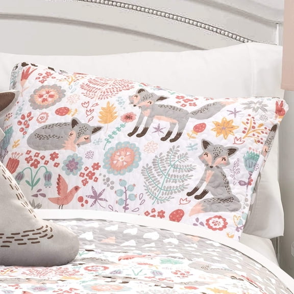 Pixie Fox Reversible Quilt Set Full Queen Gray Pink Kids Bedding