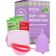 Pixie Menstrual Cup & Disc Duo for Feminine Care - Ranked 1 for Most Comfortable Reusable Period Cup & Disc - Includes Ebook Guide, Flushable Wipes, Lube, Sanitizer & Storage Bag