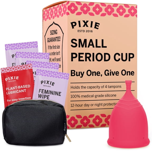 Pixie Menstrual Cup - No Metals or Toxins - 100% Medical-Grade Silicone - Ranked 1 for The Most Soft Reusable Period Cup - Wear 12 Hours - Tampon Alternative - Buy One We Give One (Small)