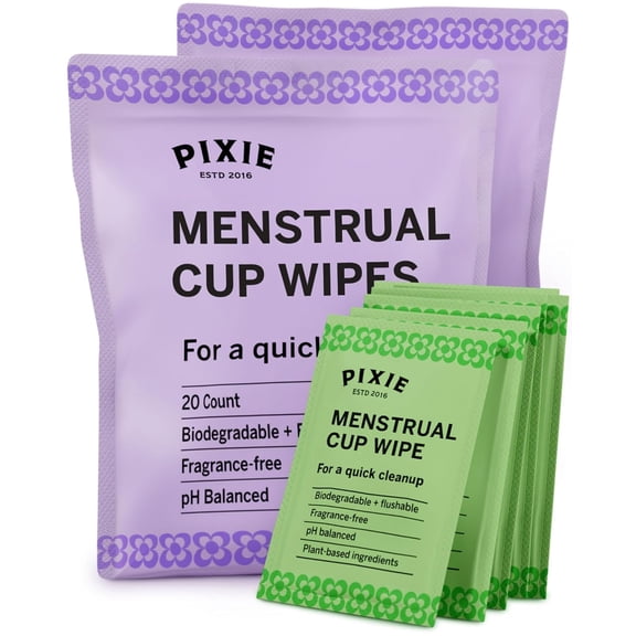 Pixie Menstrual Cup Wipes - Flushable, Biodegradable, pH Balanced & Unscented - Individually Wrapped Packet Wipes - Wash & Clean Your Menstrual Cups & Discs (40 Count)