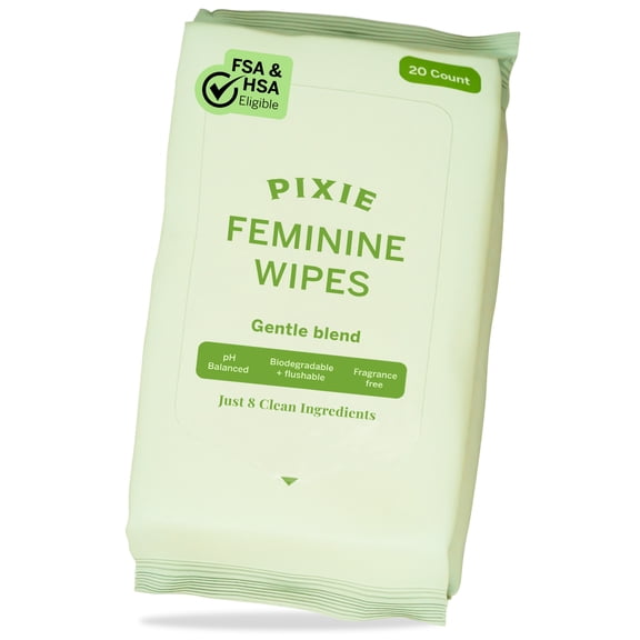 Pixie Menstrual Cup Wipes - On The Go Public Bathroom Feminine Wipes - Safe On Period Cups & Menstrual discs - Biodegradable, Flushable, pH Balanced & Unscented (20 Count)