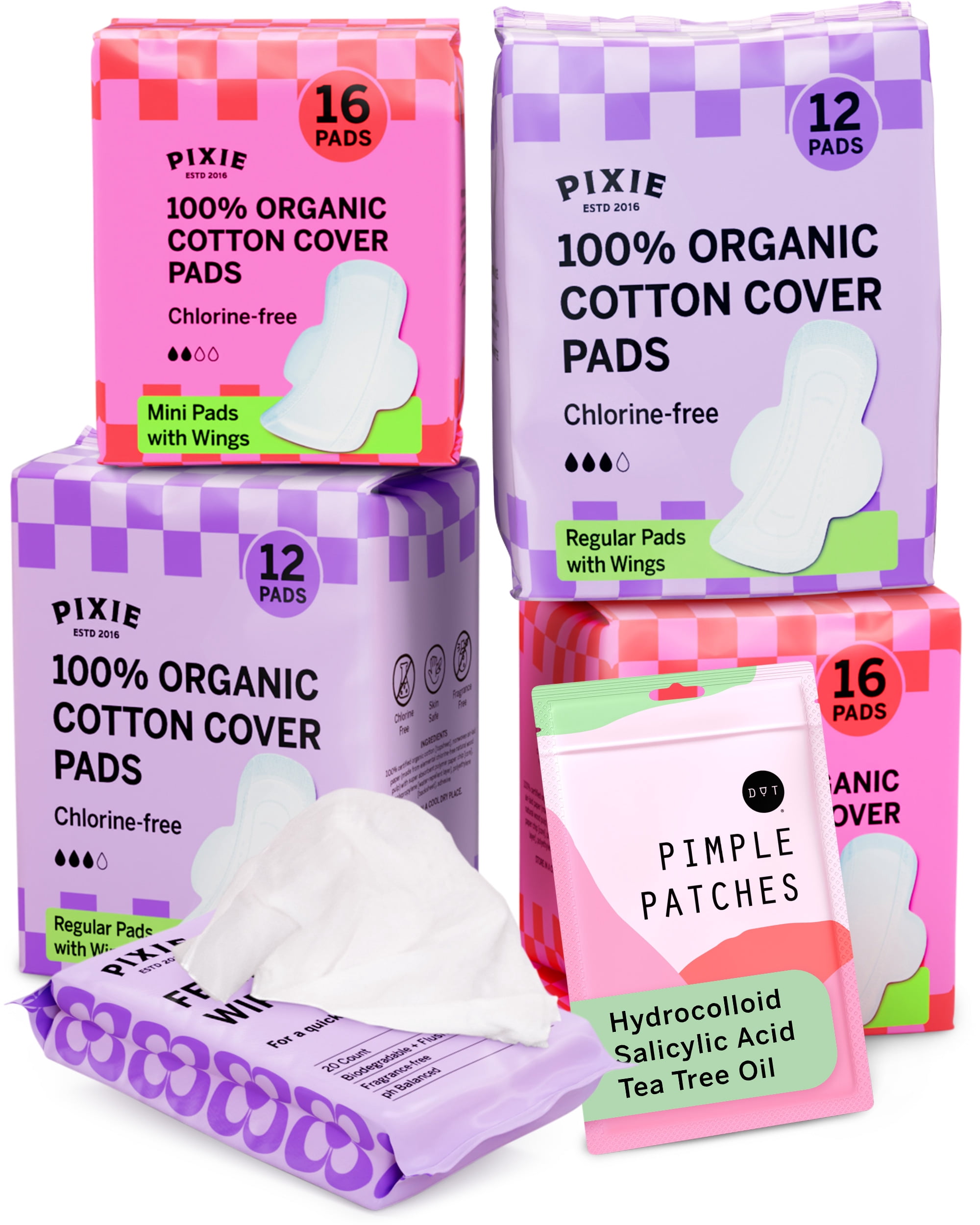 Pixie Organic Cotton Pad Kit for Girls - Includes 32ct Mini & 24ct Regular Pads with Feminine Wipes - Leak-Proof with Wings - Feminine Essentials Refill - Perfect for Teens & Light to Average Flow