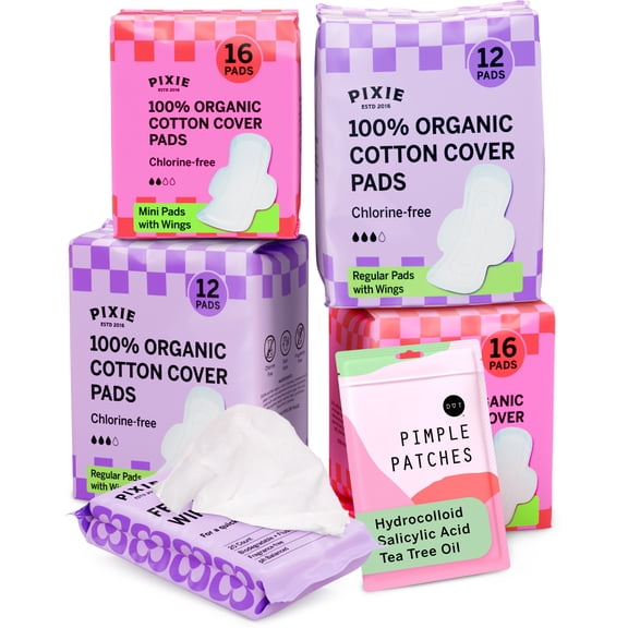 Pixie Organic Cotton Pad Kit for Girls - Includes 32ct Mini & 24ct Regular Pads with Feminine Wipes - Leak-Proof with Wings - Feminine Essentials Refill - Perfect for Teens & Light to Average Flow