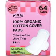 Pixie Organic Cotton Ultra Thin Mini Pads for Teens - Liners with Wings - Light Absorbency Menstrual Pads - Hypoallergenic, Unscented & Biodegradable for Feminine Care - FSA Eligible - 64 Count