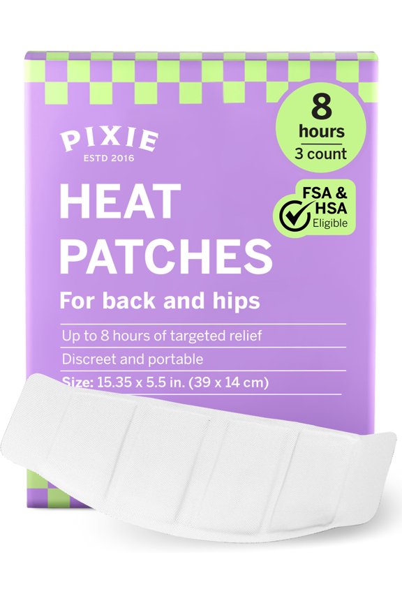Pixie Pain Relief Heat Patches for Hip & Back Long Lasting Air Activated Heat Therapy for Muscle Aches, Lower Lumbar Support, Custom-Fit Contoured Warming Pads Adhesive Wearable Heat Wrap (3 Ct)