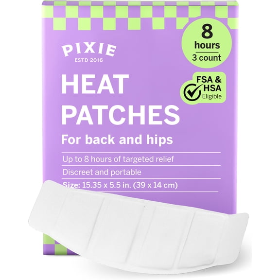 Pixie Pain Relief Heat Patches for Hip & Back Long Lasting Air Activated Heat Therapy for Muscle Aches, Lower Lumbar Support, Custom-Fit Contoured Warming Pads Adhesive Wearable Heat Wrap (3 Ct)