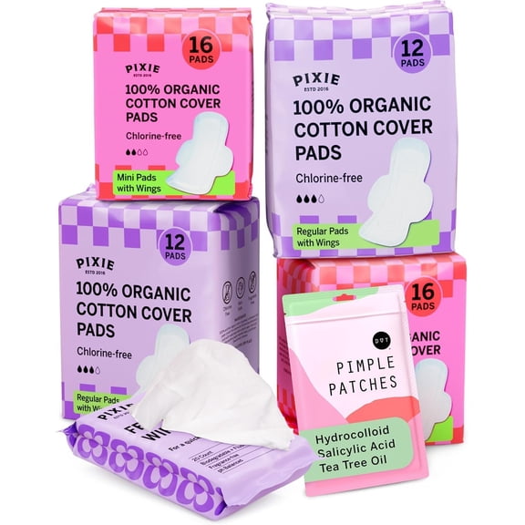 Pixie Period Starter Pads for Teen Girls - Organic Cotton 56ct - Designed for Tweens & Smaller Underwear - Leak-Proof with Wings for Feminine Care - Includes 32ct Mini & 24ct Regular Pads with Wipes