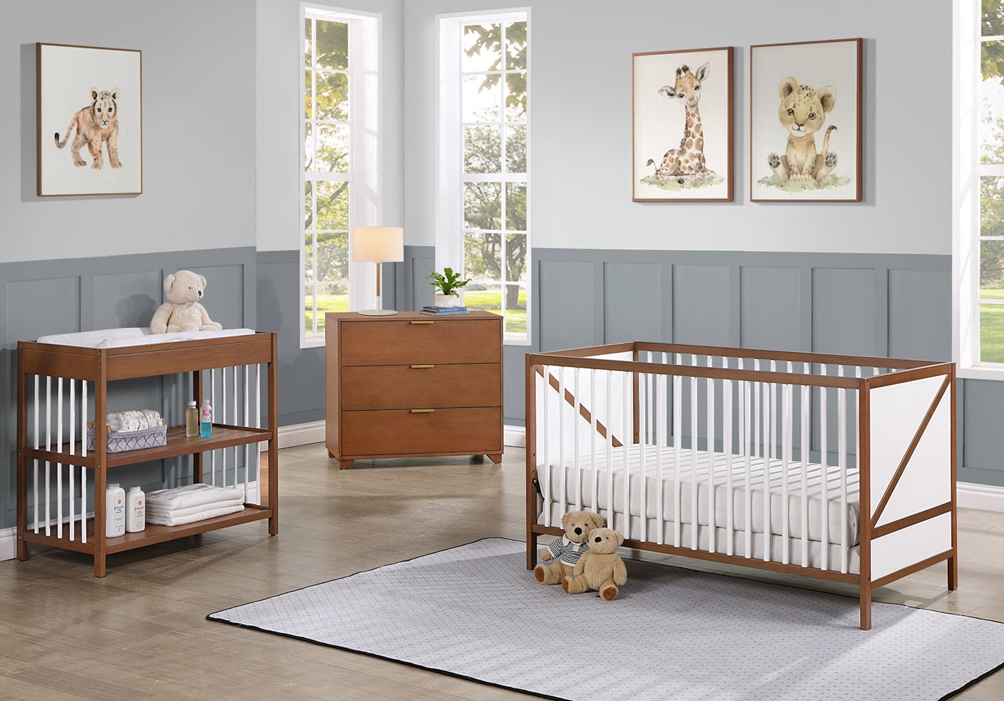 Suite Bebe Pixie Zen 3-in-1 Convertible Baby Wooden Crib With Round Spindles, in Walnut/White