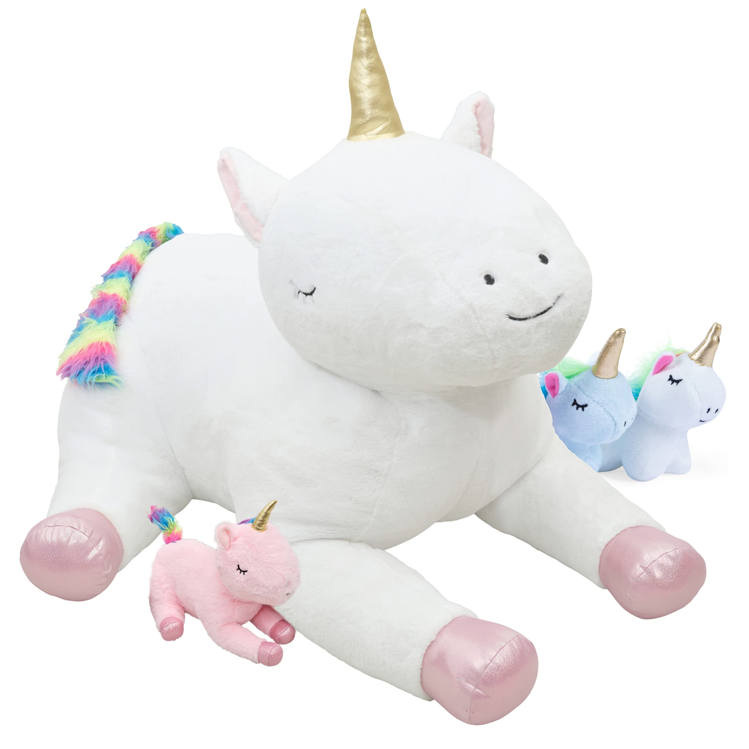 PixieCrush Giant Unicorn Stuffed Animals for Girls Ages 3 4 5 6 7 8 Years; Snugababies Family of Stuffed Mommy Unicorn with 4 Baby Unicorns in her Tummy; Soft Unicorn Pillows for Girls