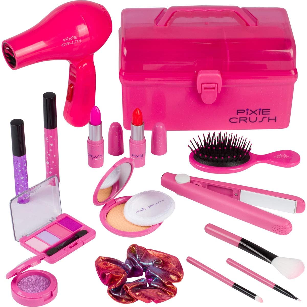 PixieCrush Kids Makeup Kit for Girls with Pretend Hair Dryer and Flat Iron; Play Makeup