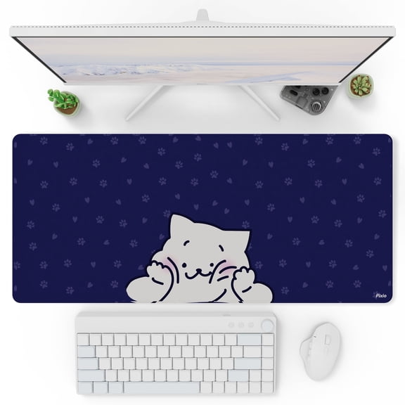 Pixio Mouse Pads - 36 x 16 inch XXL Squishy Cat Blue Multifunctional Large Desk Mats for Gaming, Office, Desktop Anti-slip Waterproof Washable Computer Mouse Mat