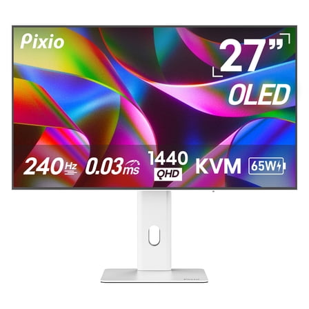 Pixio PX277 OLED Max Gen2 White 27 inch 240Hz Refresh Rate QHD Wide 1440p Resolution WOLED Display 0.03ms GTG Response Time Adaptive Sync KVM Switch Gaming Monitor