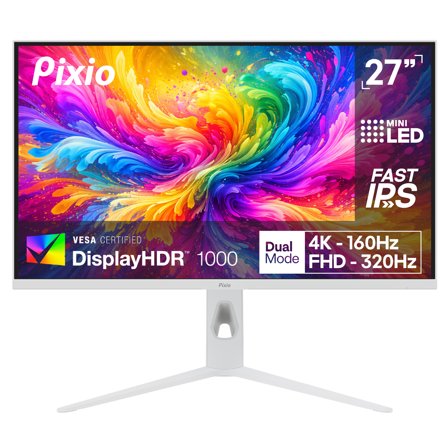 Pixio PX27UM Mini LED White 27 inch Dual Mode UHD 4K 160Hz/FHD 1920x1080 320Hz Fast IPS Panel 1ms GTG Response Time Gaming monitor with Adaptive Sync HDR and Fully Adjustable Stand