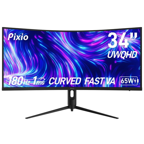 Pixio PXC348C Neo 34 inch 180Hz Refresh Rate UWQHD 1440p Ultrawide Resolution 1000R Curve Fast VA Panel 1ms Response Time USB-C Displayport 65W Charging Adaptive Sync HDR Curved Gaming Monitor