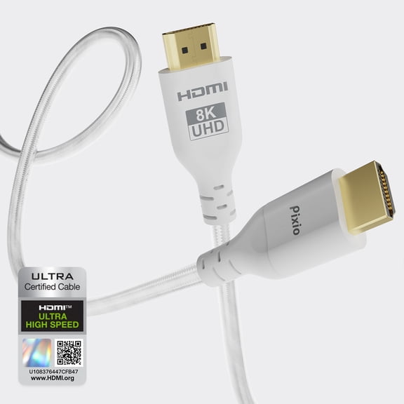 Pixio White 8K HDMI 2.1 Cable Ultra Certified Ultra High Speed 10FT 8K 60Hz 4K 120Hz Nylon Braided, Gold Plated Connector, Anti-breakage, HDR10+, dtsx, eARC, HDCP, Dolby Compatible