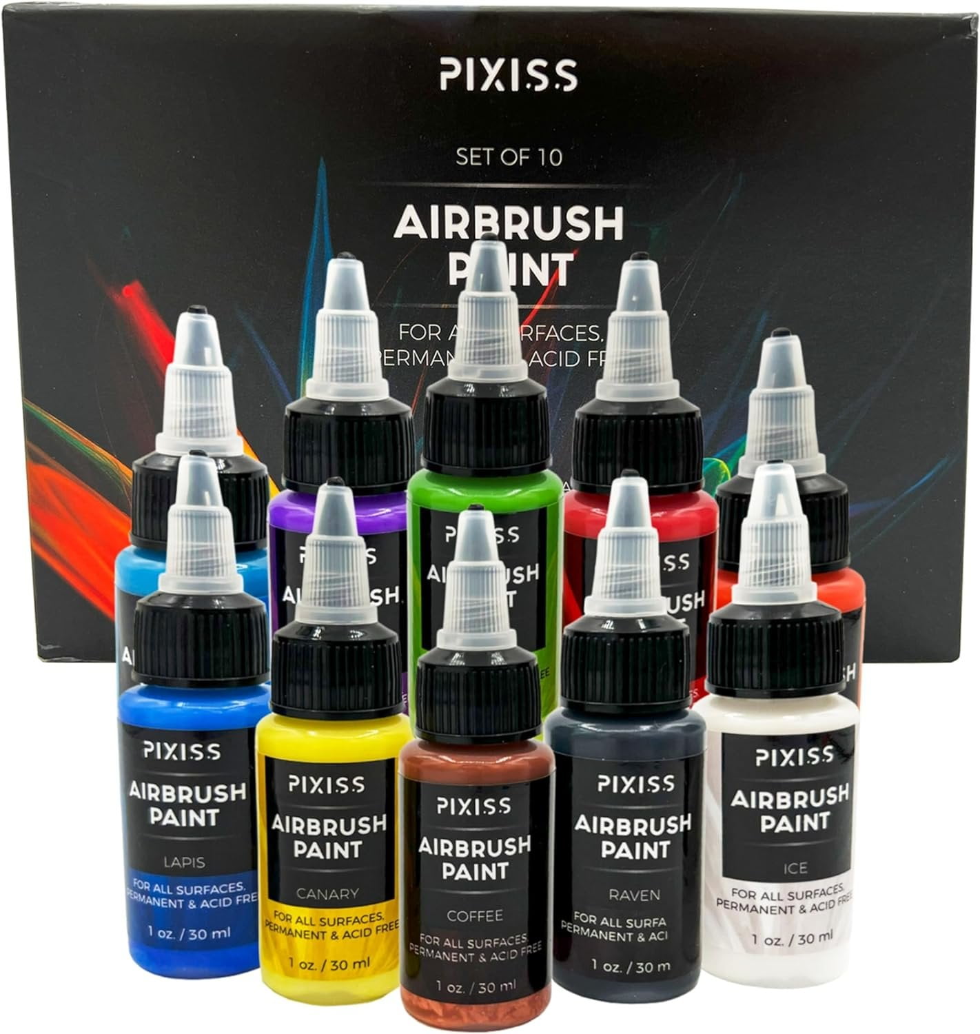 Pixiss Air Brush Painting Set 10 Colors of Acrylic Paint for Airbrush