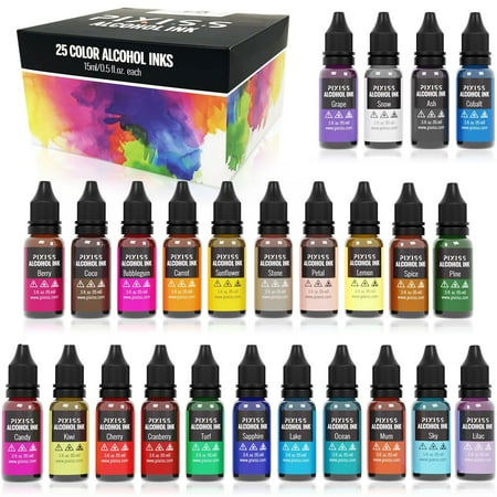 Pixiss Alcohol Ink Set - 25 Large Highly Saturated Colors 15ml/.5oz Alcohol-Based Inks for Resin Petri Dishes, Alcohol Ink Paper, Tumblers, Coasters, Resin Dye