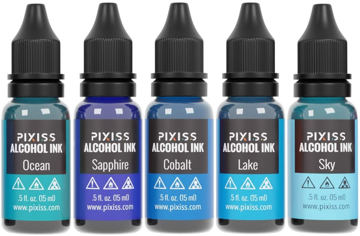 Pixiss Blue Alcohol Inks Set, 5 Shades of Highly Saturated Blue Alcohol Ink,  for Resin Petri Dishes, Alcohol Ink Paper, Tumblers, Coasters, Resin Dye 