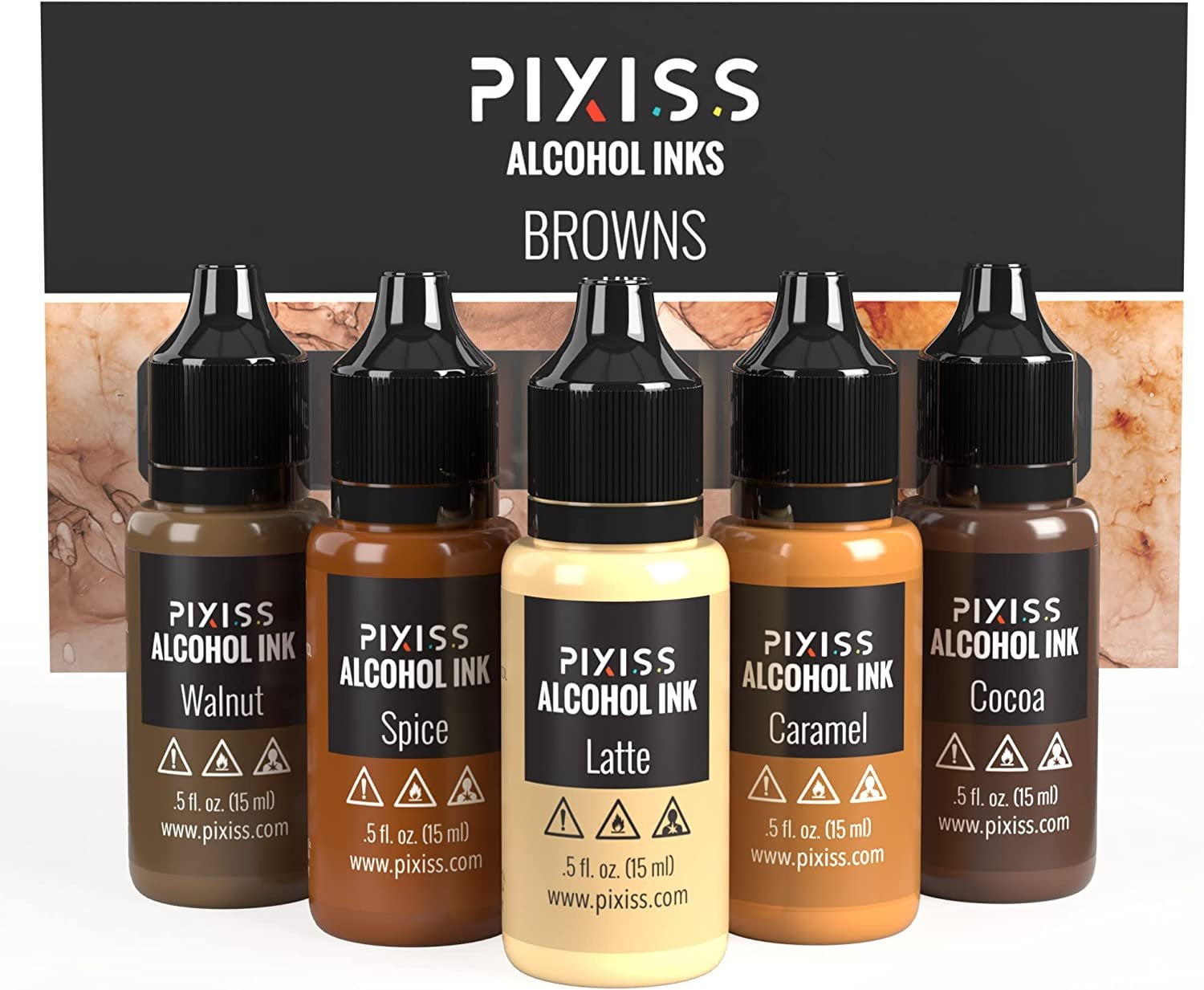 Pixiss Brown Alcohol Ink Set - 5 Shades of Highly Saturated Alcohol Ink for Epoxy Resin Supplies, Yupo Paper, Tumblers, Coasters - Resin Colorant
