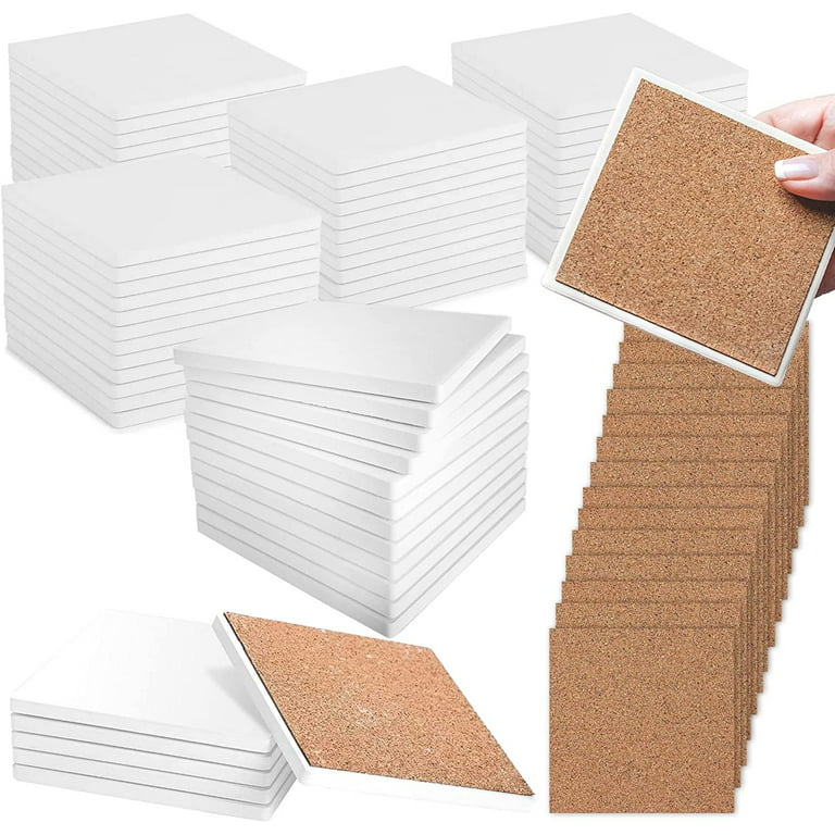 Pixiss Ceramic Tiles for Crafts Coasters,100 Square Ceramic White Tiles  4-Inch with Cork Backing Pads, for Alcohol Ink or Acrylic Pouring, DIY Make