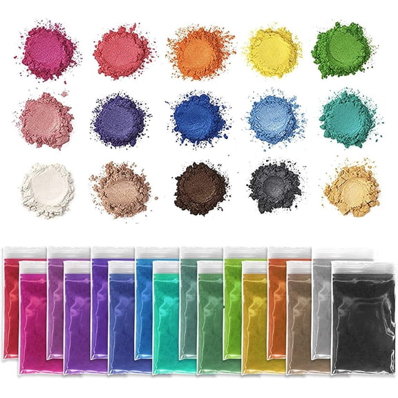 Pixiss Epoxy Resin Dye, Mica Powder, 15 Powdered Pigments Set, Soap Dye, Hand Soap Making Supplies, Eyeshadow and Lips Makeup Dye, Slime Pigment