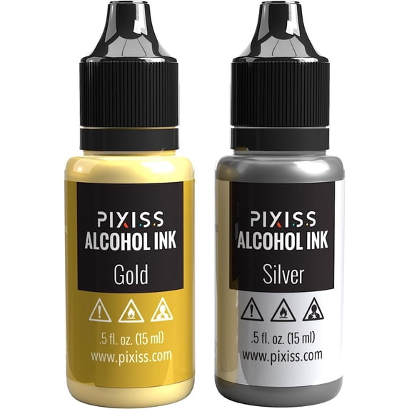 Pixiss Metallic Alcohol Ink Set - Silver and Gold Metallic Alcohol Ink Mixatives, 5oz Metallic Alcohol Pigment Resin Dye, Alcohol Inks for Epoxy Resin, Metallic Mixative for Yupo and Tumbler Cups